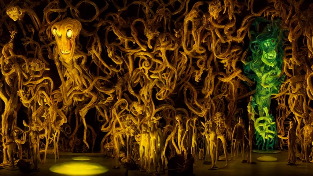 Image similar to museum of strange creatures, made of glowing oil, film still from the movie directed by denis villeneuve and david cronenberg with art direction by salvador dali and dr. seuss