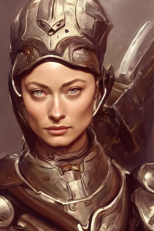 Image similar to a professional painting of a young Olivia Wilde, clothes in military armor, olive skin, long dark hair, beautiful bone structure, symmetrical facial features, intricate, elegant, digital painting, concept art, smooth, sharp focus, illustration, from StarCraft by Ruan Jia and Mandy Jurgens and Artgerm and William-Adolphe Bouguerea