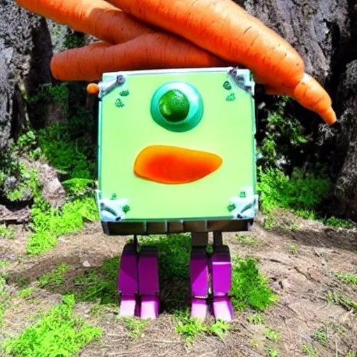 Prompt: cute little robot made of vegetables, tomato head and a carrot sword, made in abyss style standing on a forest