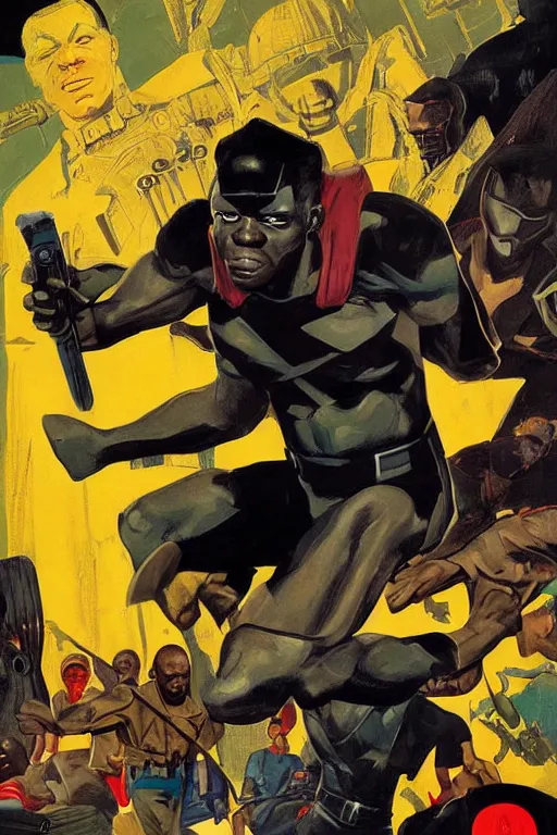 Image similar to nigerian superhero, an ultrafine detailed painting by john philip falter, austin briggs, cg society, american scene painting, dystopian art, american realism, academic art, movie poster, poster design, concert poster