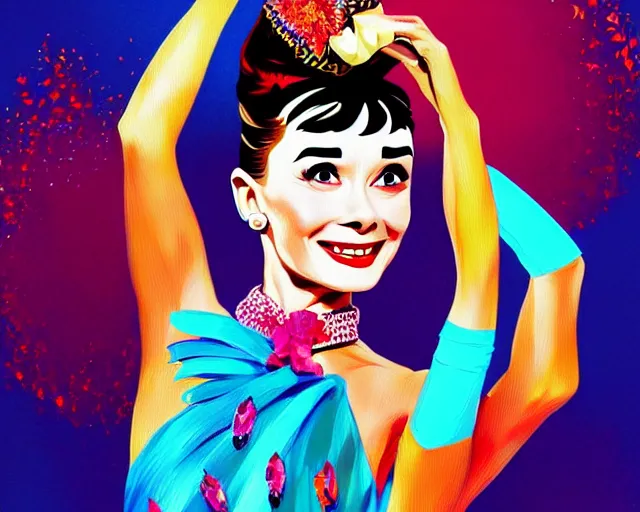 Prompt: audrey hepburn as a cancan dancer in art deco style, hyper realistic, artstation, illustration, digital paint, matte paint, vivid colors, bright, cheerful, detailed and intricate environment