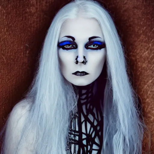 Prompt: Goth lady portrait in swimsuit, silver hair, messy hair, blue eyes