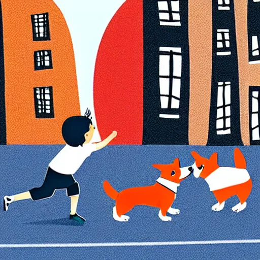 Image similar to illustration of boy playing football with a corgi wearing a polkadot scarf on the streets of paris