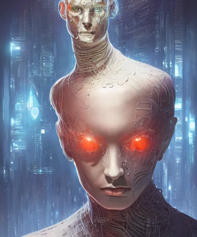 Image similar to a man turning into an Android portrait wearing a part cybernetic body, surrealism , scifi, intricate, elegant, sharp eyebrows, highly detailed cybernetic body, neon glowing eyes, digital painting, artstation, concept art, smooth, sharp focus, illustration, art by Artgerm and moebius and Peter Mohrbacher