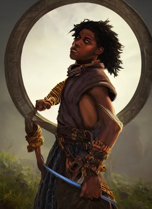 Image similar to An epic fantasy comic book style portrait painting of a young dark skinned long haired boy in peasant clothes with intelligent eyes in the style of the wheel of time, unreal 5, DAZ, hyperrealistic, octane render, cosplay, RPG portrait, dynamic lighting