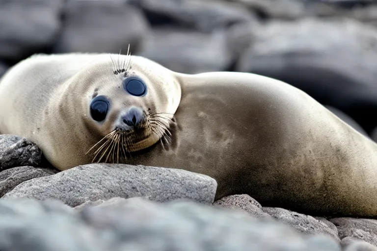 Image similar to adorable baby seal on a rocky beach,