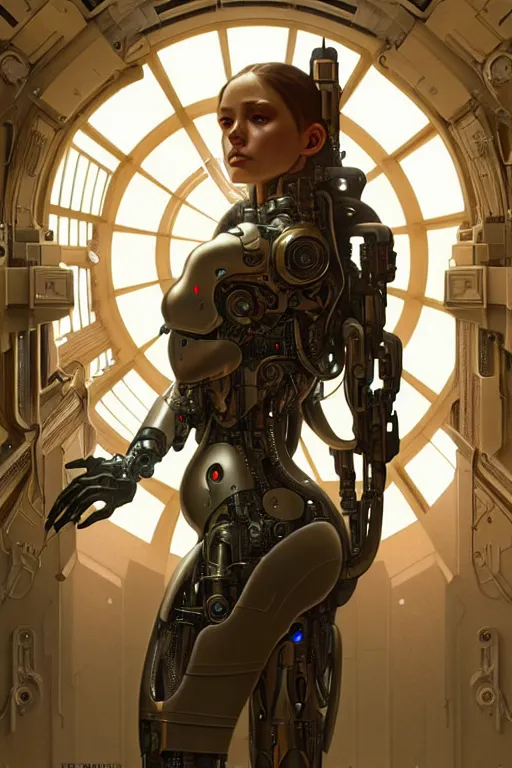 Image similar to ultra realistic, beautiful female cyborg in a utopian hallway in a space megalopolis, sci - fi, intricate details, eerie, highly detailed, octane render, 8 k, art by artgerm and alphonse mucha and greg rutkowski
