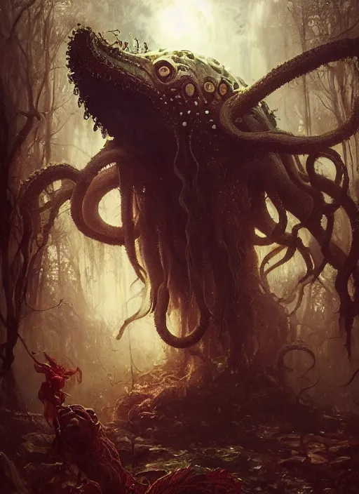 Prompt: my bed is a forest with a giant cthulhu eyes horror by gaston bussiere, anna nikonova aka newmilky, greg rutkowski, yoji shinkawa, yoshitaka amano, moebius, donato giancola, geoffroy thoorens, trending on artstation, featured on pixiv, cinematic composition