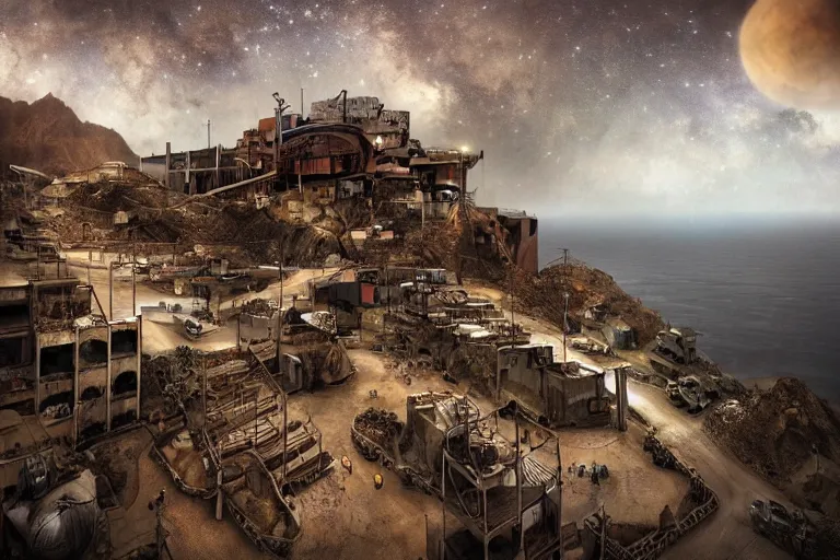 Prompt: favela construction hangar, art nouveau desert environment, industrial factory, cliffs, gloomy, milky way, award winning art, epic dreamlike fantasy landscape, ultra realistic,