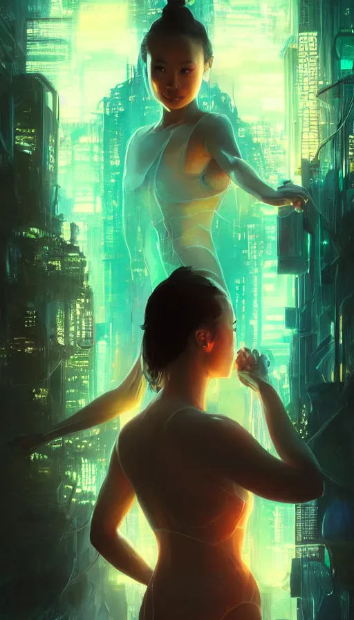 Image similar to altered carbon, jamie chung, neon, dreamy vibe, fibonacci, sweat drops, insane intricate, highly detailed, cinematic, atmospheric. digital painting, artstation, concept art, smooth, sharp focus, illustration, unreal engine 5, 8 k, art by artgerm and greg rutkowski and alphonse mucha, laura sava, laura palmer