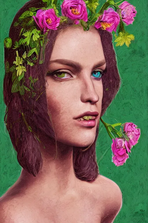 Image similar to portrait of beautiful young mainem, warhammer, russian style, cyber armor, a lot of more scars, more and more flowers, green head, the middle ages, highly detailed, artstation, illustration, art by rene magritte, 8 k quality