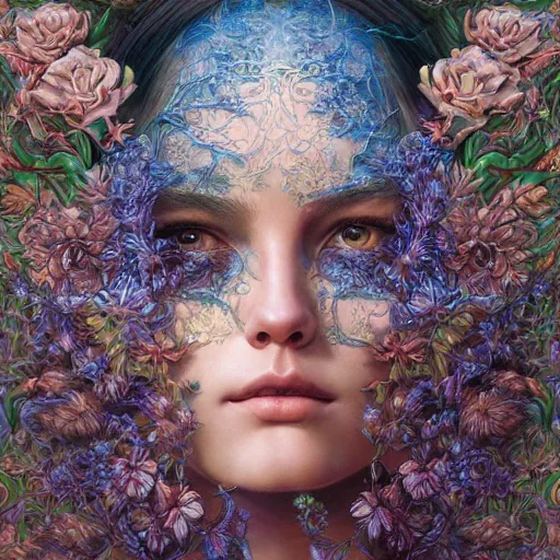 Image similar to hyper detailed masterpiece, floral pattern, jean giraud, single tear, digital art painting, matte painting, beautiful, psychedelic, artgerm, donato giancola, tom bagshaw