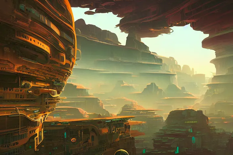 Image similar to a matte painting of a solarpunk city floating above a canyon by syd mead and peter mohrbacher and james gilleard