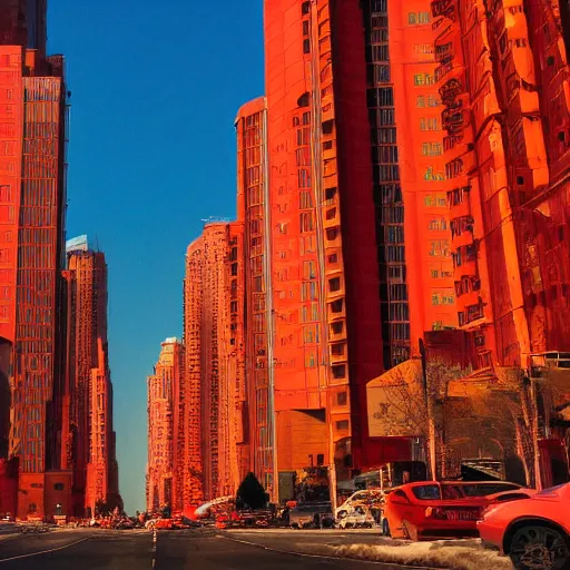 Image similar to in a future city on mars, the sky is a deep red and the buildings are tall and thin. the streets are crowded with people and cars. the air is thin and cold