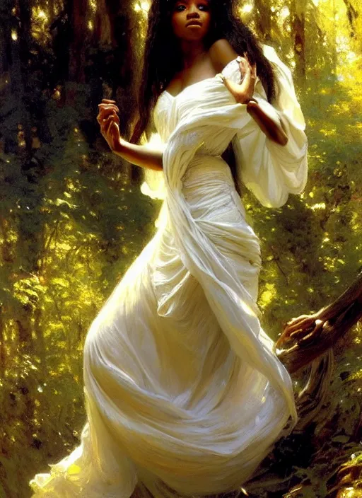 Image similar to a beautiful young black woman with long flowing hair in a flowing white gown in the forest, highly detailed painting by gaston bussiere, craig mullins, j. c. leyendecker 8 k