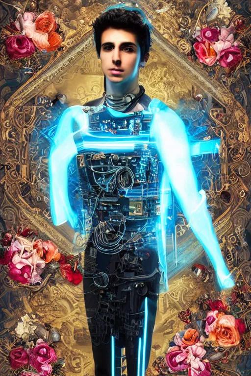 Prompt: full-body cyberpunk style sculpture of a young handsome Spanish prince half android with a chest opening exposing circuitry and a sparking motherboard, glowing blue eyes, crown of peach roses, flowing teal-colored silk, fabric, flowers. baroque elements, human skull. full-length view. baroque element. intricate artwork by caravaggio. many many birds birds on background. Trending on artstation, octane render, cinematic lighting from the right, hyper realism, octane render, 8k, depth of field, 3D