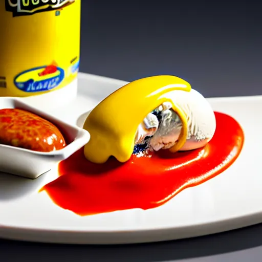 Image similar to commercial photo of a sausage ice cream, mustard, ketchup, relish