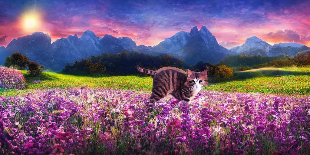 Image similar to glossy photograph, photoreal, hyperreal, cat in a field of flowers, mountain sunrise, detailed , clear