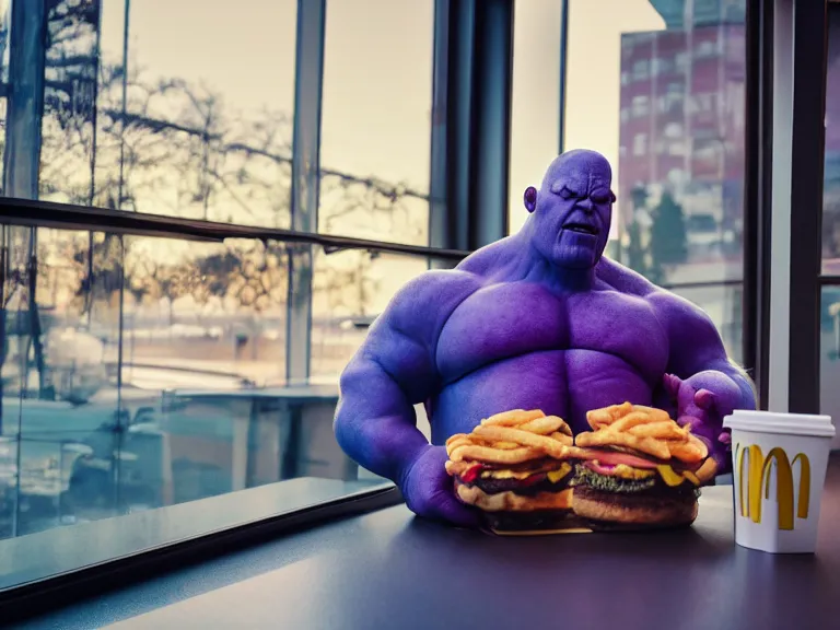 Image similar to fat thanos resting and watching the sun rise on a mcdonalds, cinematic, anamorphic, dramatic, 4 0 mm f / 2. 8