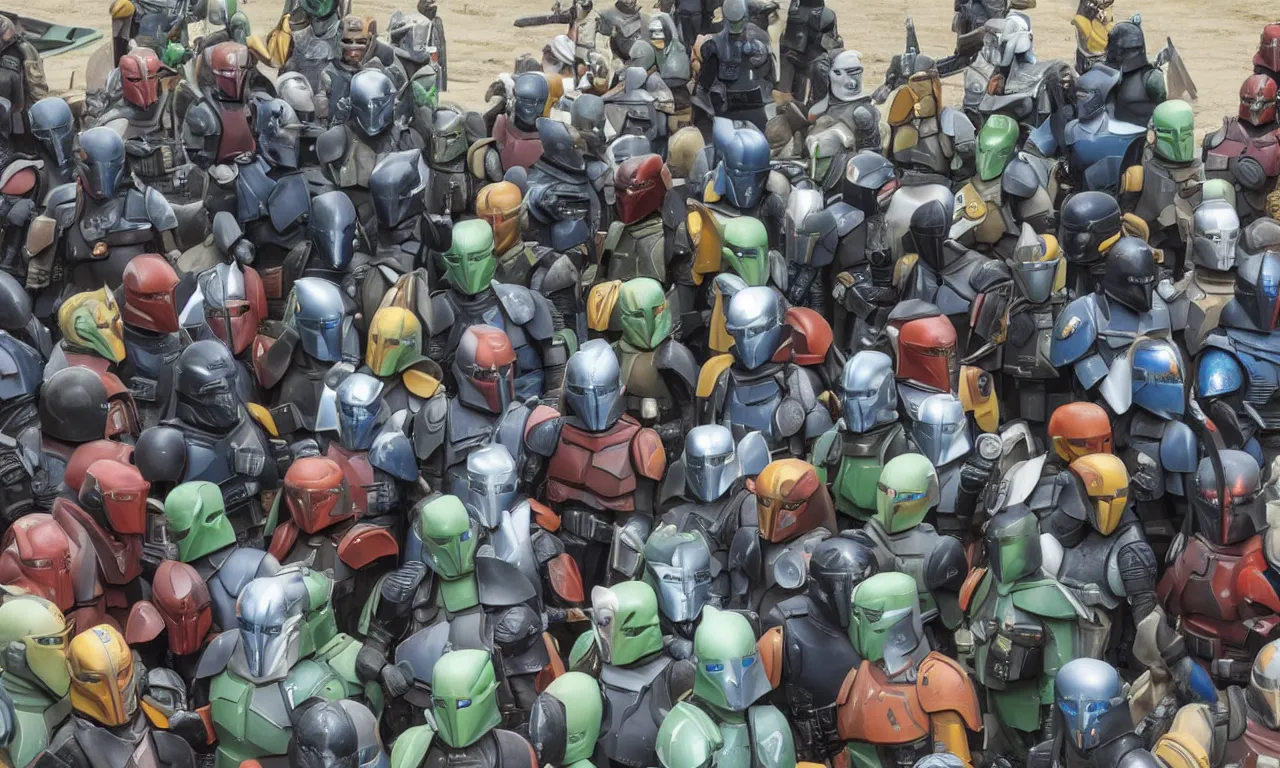 Prompt: many mandalorians inspecting and discussing something