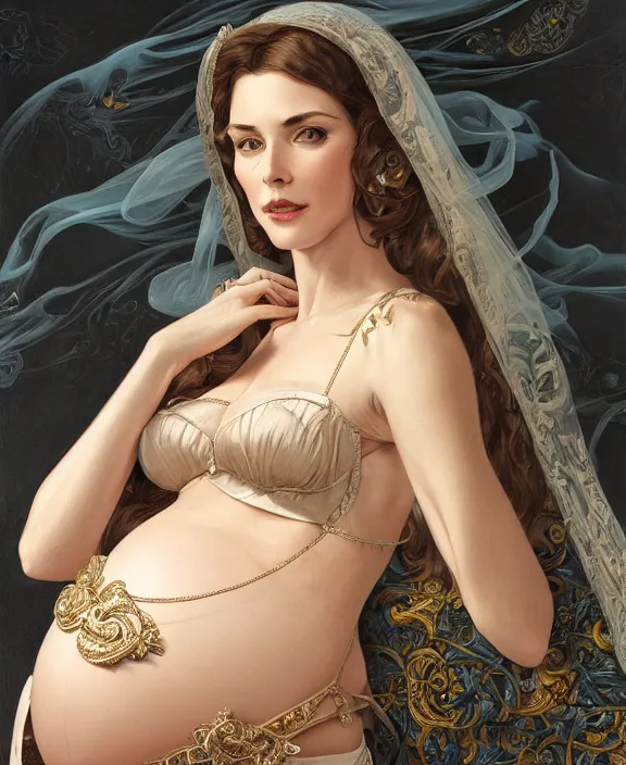 Prompt: a highly detailed portrait of a pregnant woman, intricate silk set, honey birdette, deep focus, d & d, fantasy, intricate, elegant, highly detailed, digital painting, artstation, concept art, matte, sharp focus, illustration, hearthstone, photography of charline von heyl, art by artgerm and greg rutkowski and alphonse mucha