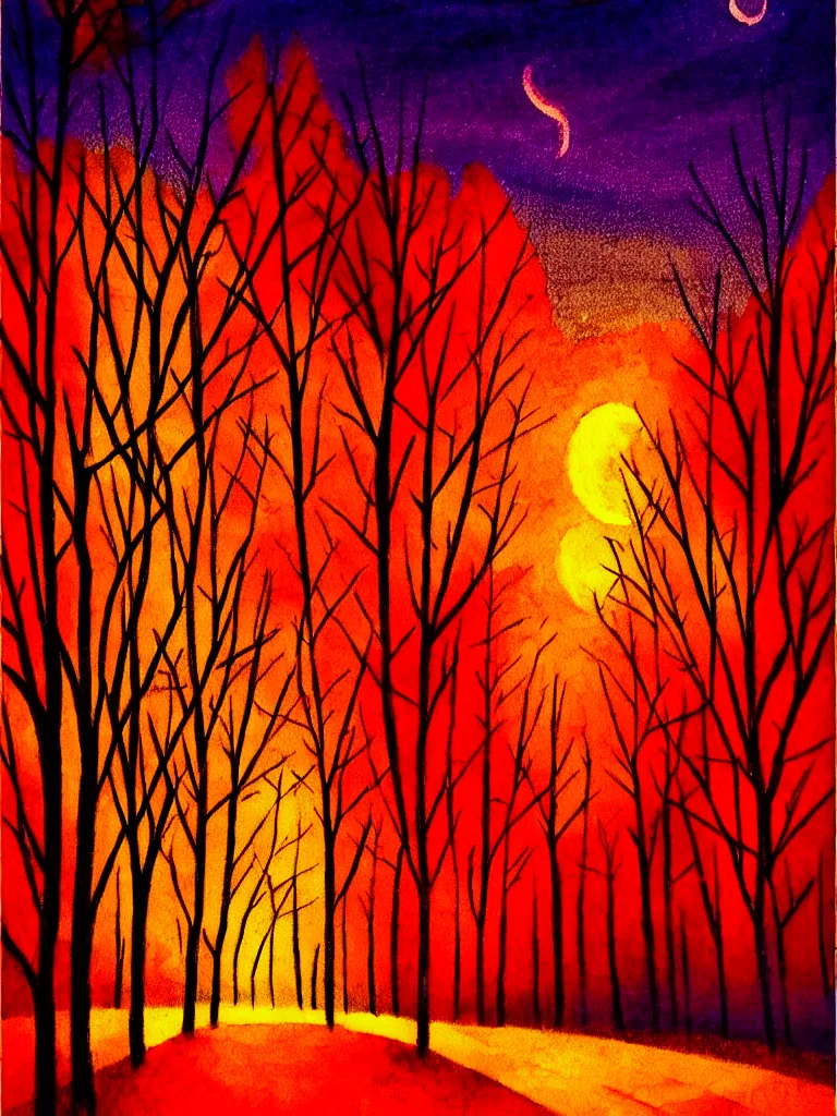 Prompt: Vibrant Colorful Vintage October Autumn Night Illustration. Glowing , Spooky lighting , Pinterest