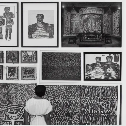 Image similar to A black and white screen print of gallery exhibition view from the 60s, anthropology, colonial, wild, exotic, artifacts, pedestal, ethnography, screen printing