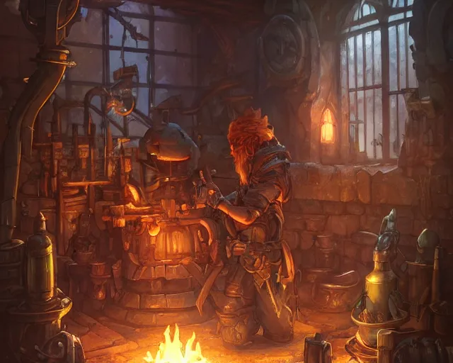 Image similar to blacksmith interior glowing forge many weapons dirty and messy, deep focus, d & d, fantasy, intricate, elegant, highly detailed, digital painting, artstation, concept art, matte, sharp focus, illustration, hearthstone, art by artgerm and greg rutkowski and alphonse mucha