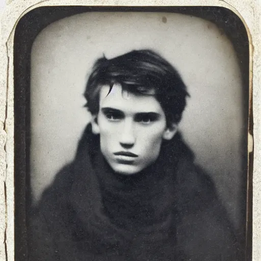 Image similar to tintype photo of alyosha karamazov, handsome innocent young russian man, by julia margaret cameron 1 8 8 0 s, realistic, body shot, sharp focus, 8 k high definition, insanely detailed, intricate, elegant