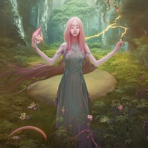Image similar to breathtaking portrait of fantasy sorceress bright temple surrounded by lush forest meadow, by Hsiao-Ron Cheng and James jean and Miho Hirano and Hayao Miyazaki, octane render, RPG portrait, ambient light, dynamic lighting