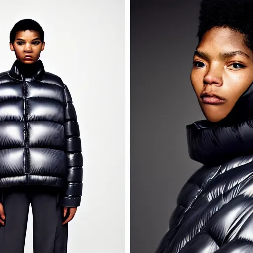 Image similar to realistic photoshooting for a new issey miyake lookbook, color film photography, portrait of a beautiful woman, model is wearing a puffer jacket, in style of tyler mitchell, 3 5 mm,