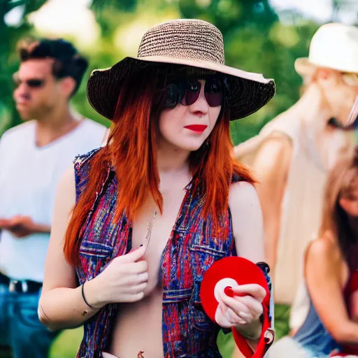 Image similar to DJ at a party, DJ is a young red headed woman and is wearing a straw hat and a fanny pack, beautiful, artistic, belt bag, wide hat