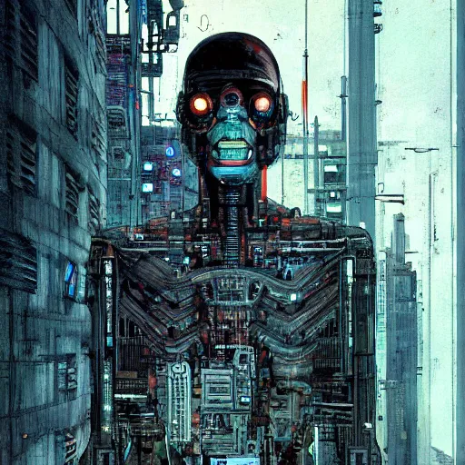 Prompt: Digital portrait of a cyborg from Ghost in the machine by Enki bilal and Moebius and Salvator dali, cyberpunk, impressive perspective, aesthetic, masterpiece