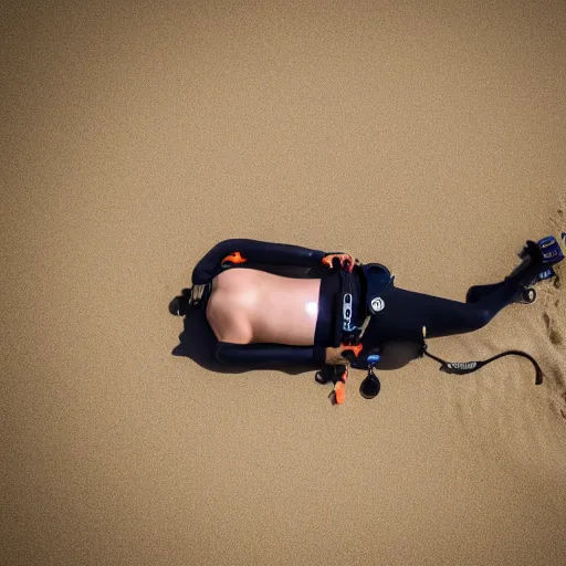 Prompt: a scuba diver sunbathing on a sand dune, bright sunny day, photography, highly detailed, high quality, 8 k, soft lighting,