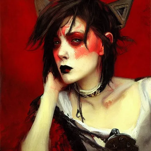 Image similar to Solomon Joseph Solomon and Richard Schmid and Jeremy Lipking victorian genre painting portrait painting of a young beautiful woman punk rock goth with punk rock haircut in fantasy costume, red background