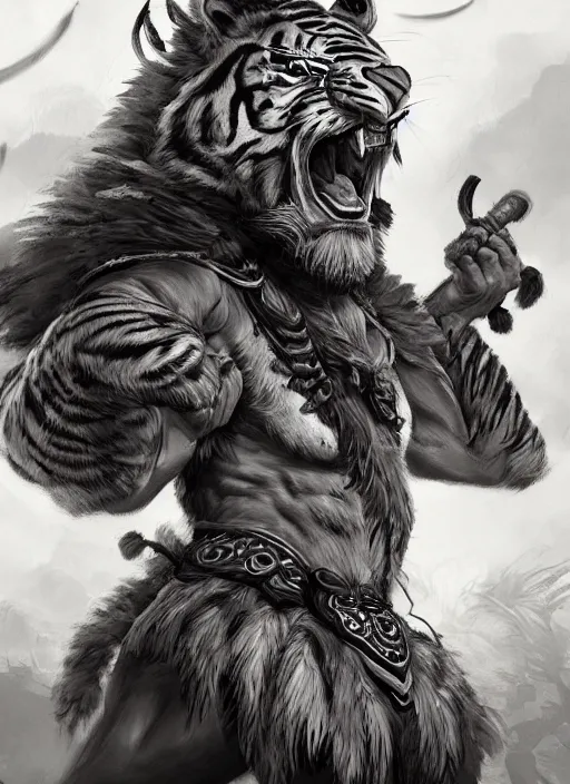 Image similar to a highly detailed illustration of a fierce tribal warrior wearing a tiger mane hat, heroically screaming into the sky pose, muscular, intricate, elegant, highly detailed, centered, digital painting, artstation, concept art, smooth, sharp focus, league of legends concept art, WLOP