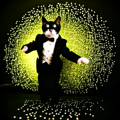 Image similar to A tuxedo housecat with playing with a swarm of glowing nanobots. iphone photograph 35mm. studio lighting. trending on instagram.