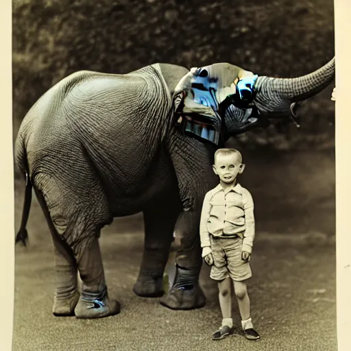 Prompt: an extremely detailed photo by john l. gaunt of a small boy standing next to an elephant with an extremely long trunk