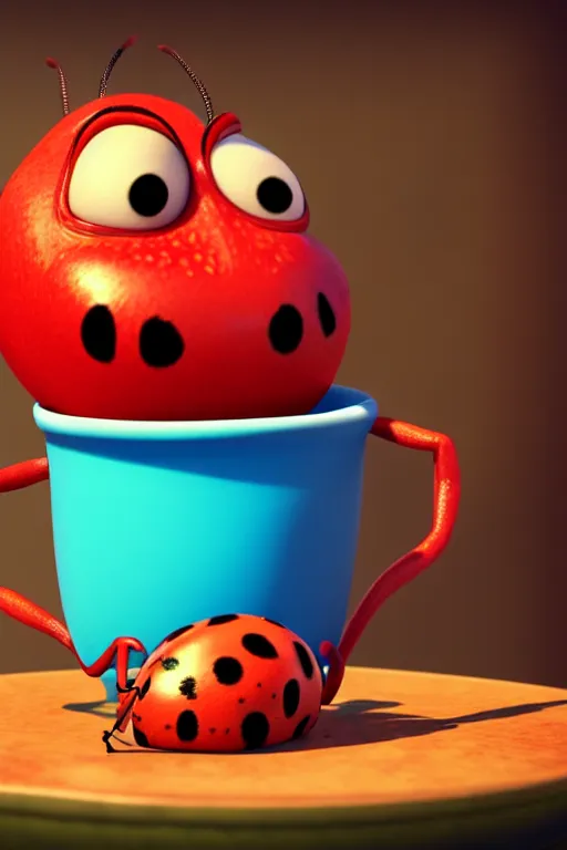 Prompt: a red ladybug with big eyes on side of a cup of coffee and a suggar pot at picnic. full body, pixar disney 4 k 3 d render movie oscar winning trending on artstation and behance. ratatouille style.