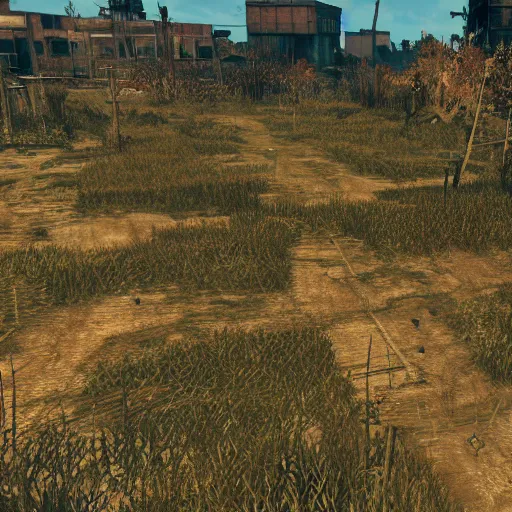 Image similar to sendai rice fields in ruins post - nuclear war in fallout 4, in game screenshot