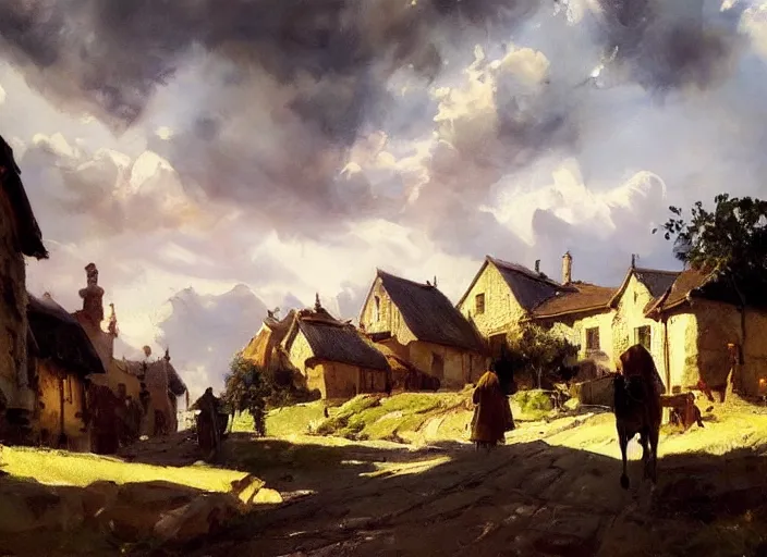 Image similar to oil painting of medieval village in dawn by anders zorn, wonderful art by greg rutkowski, incredible lighting, shadows, beautiful cinematic light, american romanticism by greg manchess, tall rocky mountains and storm clouds, sun rays, sunshine, bright sunny summer day