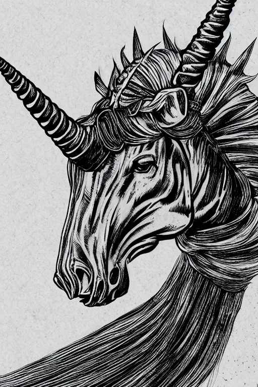 Image similar to unicorn, highly detailed, digital art, sharp focus, trending on art station, kentaro miura manga art style