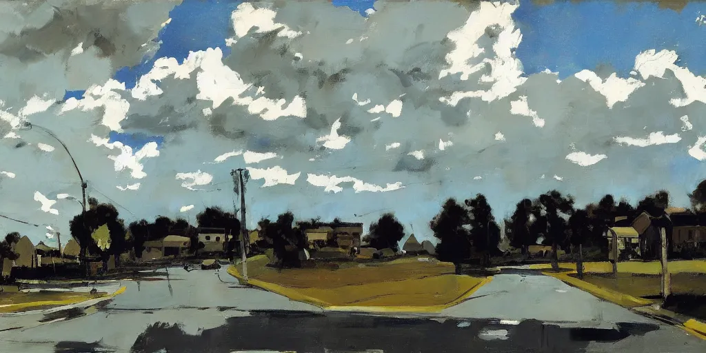 Image similar to us suburbs, ominous sky, ben aronson 1950