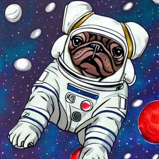 Image similar to hyper realistic, highly detailed, astronaut pug in space.