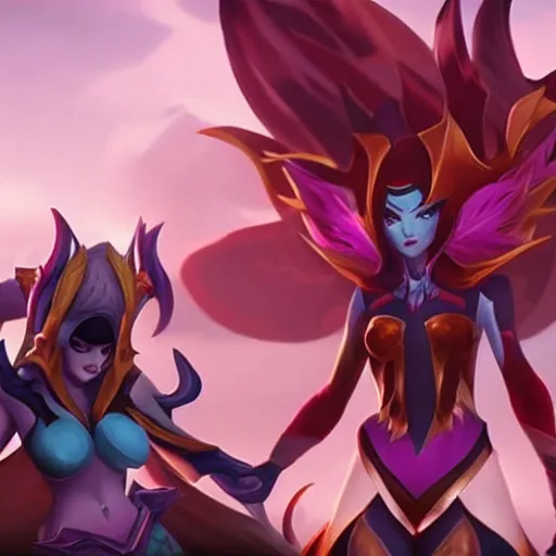 Image similar to league of legends cinematic, kai'sa and xayah are best friends, hyperrealistic