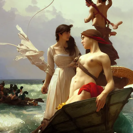 Image similar to Pilgrims crossing the Atlantic to the new world masterpiece 4k digital illustration by Ruan Jia and Mandy Jurgens and Artgerm and william-adolphe bouguereau, award winning, Artstation, art nouveau aesthetic, Alphonse Mucha background, intricate details, realistic, panoramic view, Hyperdetailed, 8k resolution, intricate art nouveau