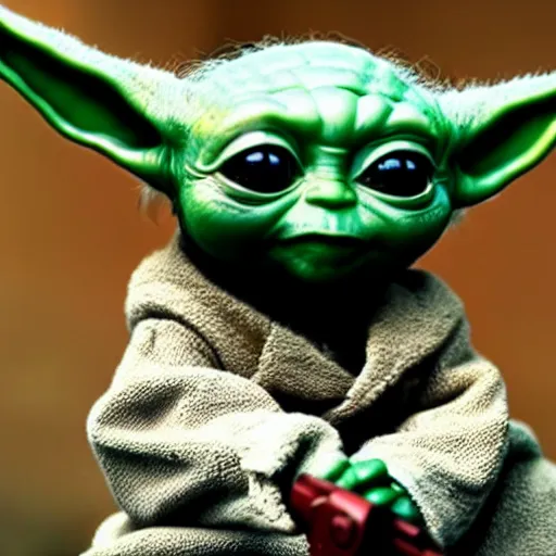 Image similar to baby yoda pointing a gun at you