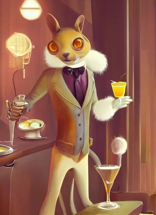 Prompt: squirrel anthro as a dapper bartender with a big, fluffy tail, retro futurism, art deco, detailed, painterly digital art by WLOP and Cory Loftis and Goro Fujita, 🐿🍸🍋, furaffinity, trending on artstation