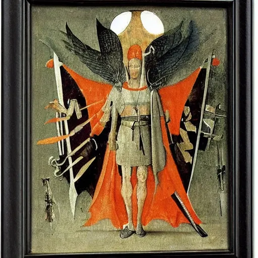 Prompt: julius caesar with wings and sword by hieronymus bosch