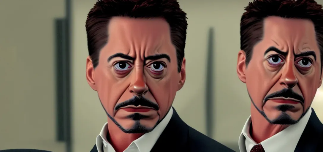 Image similar to a very high resolution image of tony stark. from an episode of the office with micheal scott. photorealistic, photography